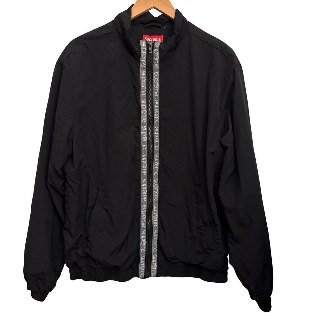 Supreme Logo Tape Track Jacket Mens Large Black Excellent Nylon Windbreaker